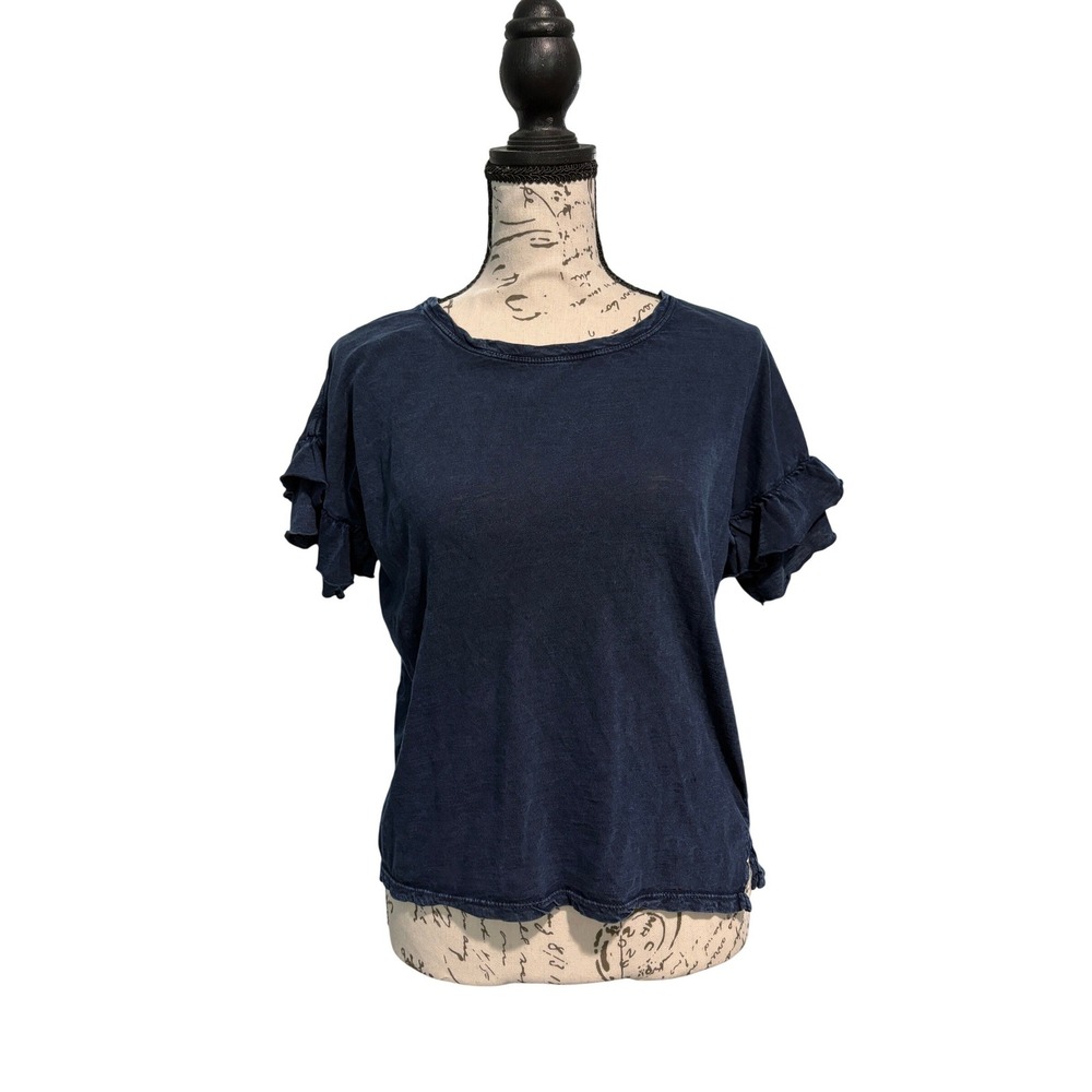 Lucky Brand Navy Blue Cotton Ruffle Tiered Sleeve Crew‎ Neck Top Size S